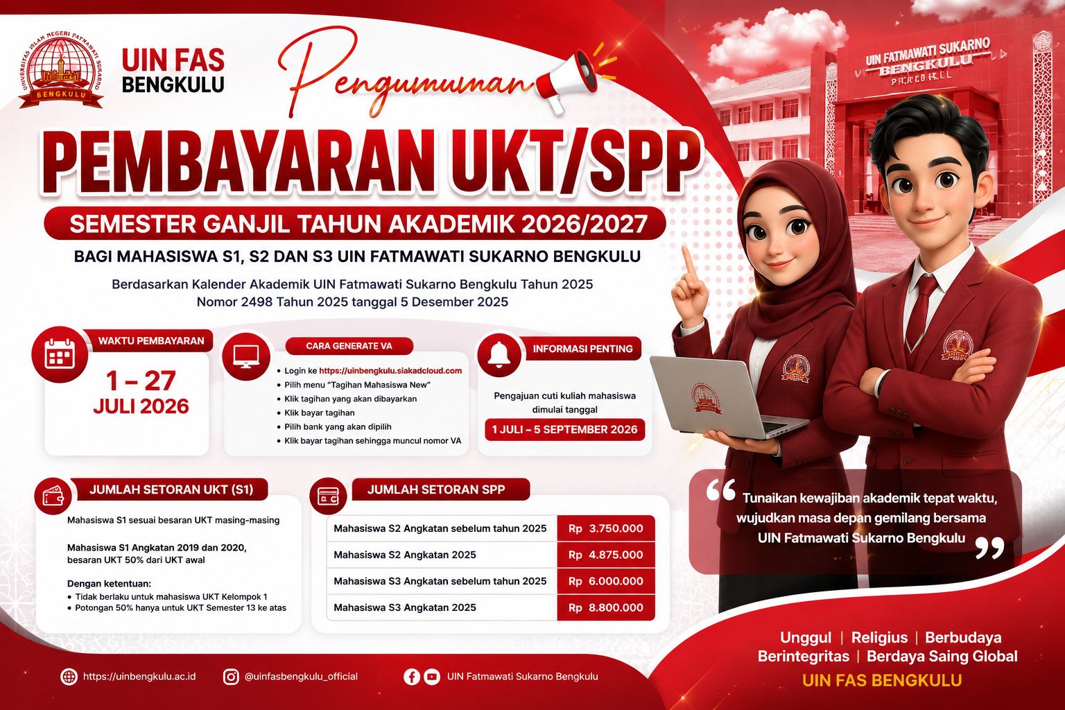 Read more about the article UIN Fatmawati Sukarno Bengkulu Buka Pembayaran UKT/SPP Semester Ganjil TA 2026/2027 Mulai 1 Juli 2026