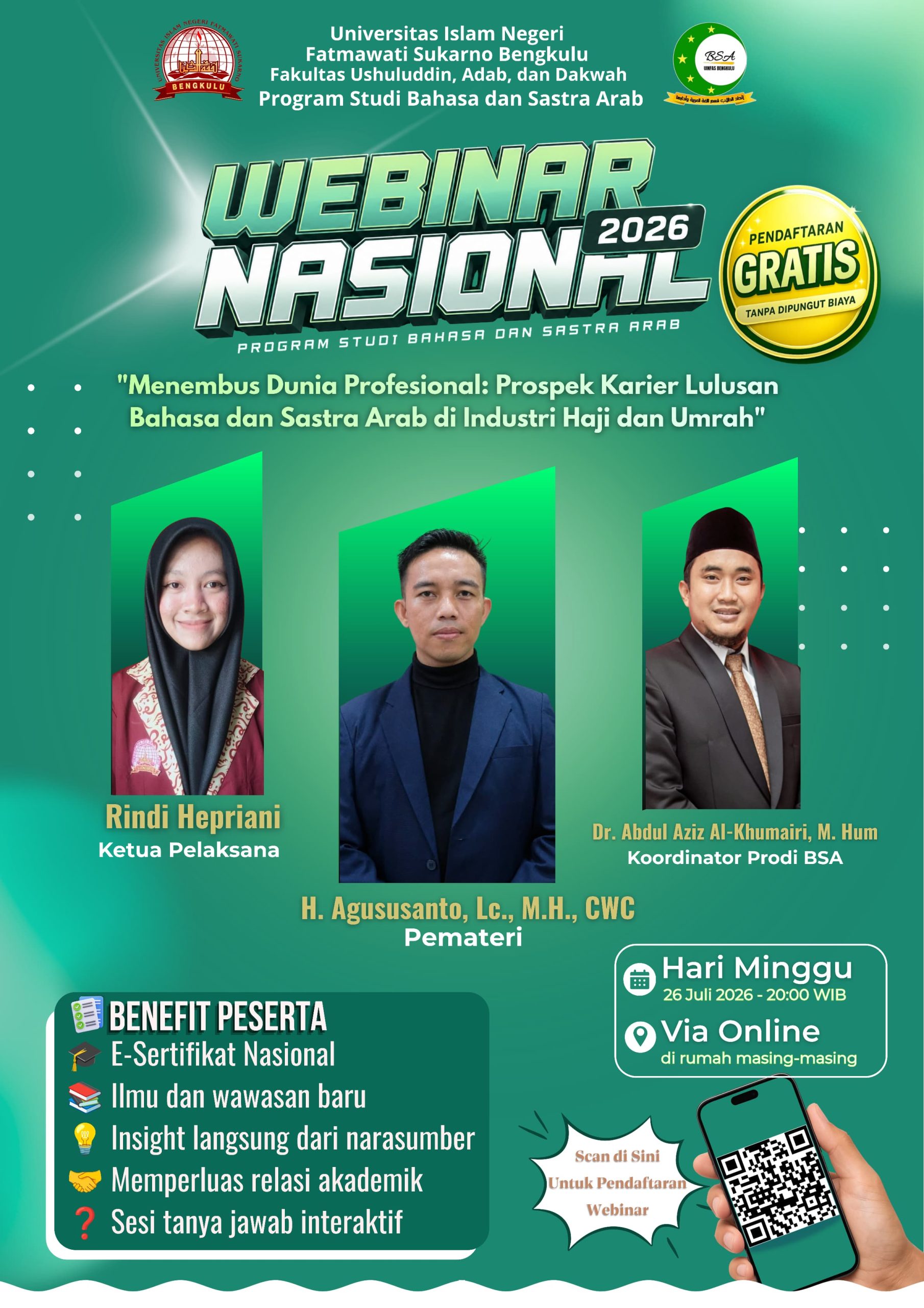 Read more about the article Prodi BSA FUAD UIN Fatmawati Sukarno Bengkulu Gelar Webinar Nasional 2026, Bahas Prospek Karier Lulusan di Industri Haji dan Umrah
