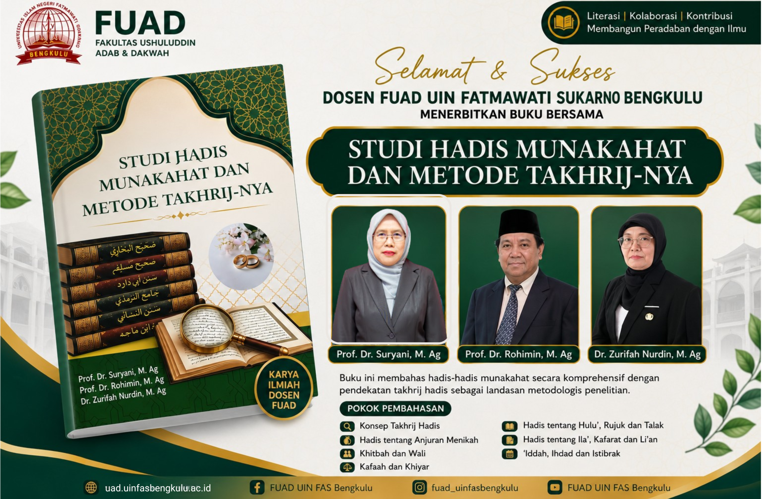 Read more about the article Perkuat Literasi Hadis dan Hukum Keluarga, Dekan FUAD Bersama Dua Akademisi Terbitkan Buku Studi Hadis Munakahat