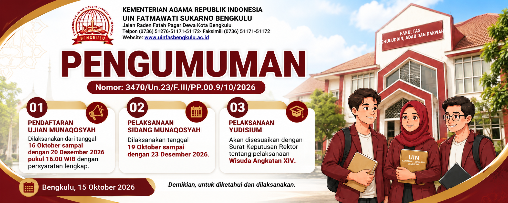 You are currently viewing PENGUMUMAN JADWAL PENDAFTARAN DAN PELAKSANAAN SIDANG MUNAQASYAH MAHASISWA FUAD TAHUN 2026